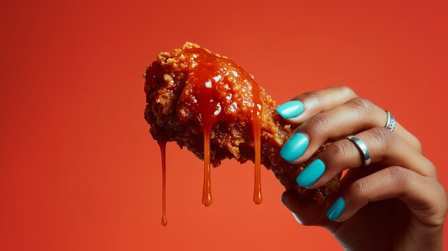 A hand holding a spicy, saucy fried chicken wing with bright blue nails and bold red background.