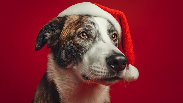 Dog wearing Santa hat on Christmas.