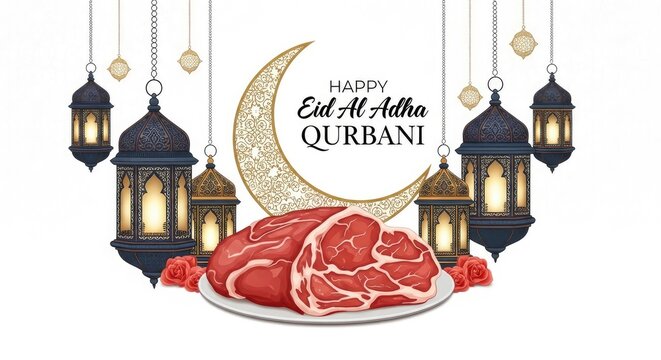 Happy Eid Al Adha Kurbanee Stock Photo With Hookah Sugar Lanterns and Lamb Sacrifice