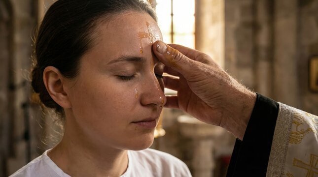 Woman participates in anointing during a religious ceremony. Sacrament of anointing of sick for spiritual healing, faith and prayer concept.