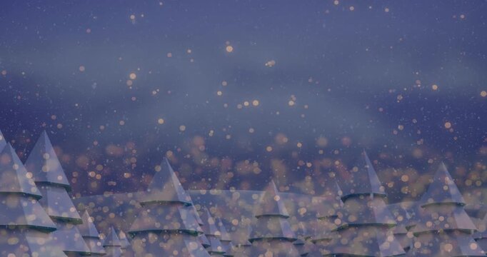Animation of yellow spots and snow falling over multiple trees on winter landscape with copy space