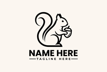 A black and white line art illustration of a squirrel holding an acorn with a customizable name and tagline on a plain beige background, featuring a logo and vector graphic design. © vectorvovdesign