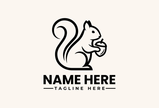 A black and white line art illustration of a squirrel holding an acorn with a customizable name and tagline on a plain beige background, featuring a logo and vector graphic design.