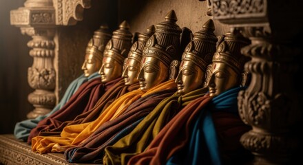 Fototapeta premium Row of Golden Indian Deity Statues Adorned with Vibrant Saffron and Earth-Toned Drapes in an Ancient Temple Interior