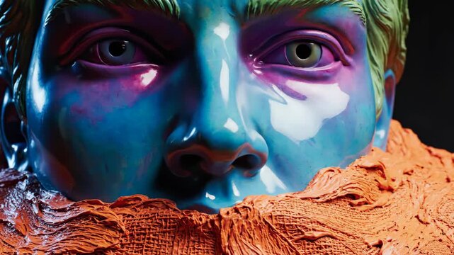 Vibrant blue and purple abstract face sculpture with orange texture