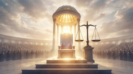 Fototapeta premium Marble throne under a classic dome structure with scales of justice and crowd. Divine judgment and celestial court concept. Spiritual and religious theme.
