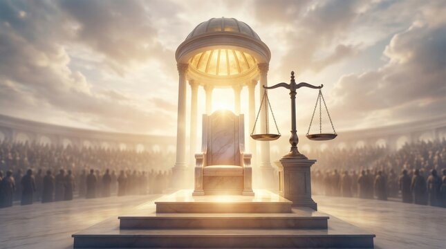 Marble throne under a classic dome structure with scales of justice and crowd. Divine judgment and celestial court concept. Spiritual and religious theme.