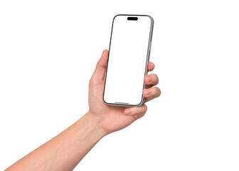 Hand holding smartphone mockup with blank white screen isolated on white background. Mobile phone with empty display for copy space.