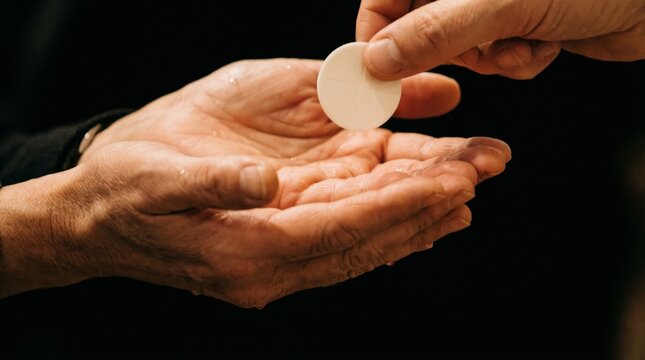 Person receiving communion wafer. Hand of an unknown person giving a host to another person. Eucharist, spirituality and religious devotion.