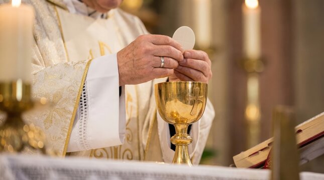 Priest holding host wafer above golden chalice during holy communion. Catholic Eucharist sacrament ritual as Christian religious concept.