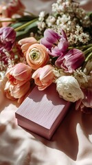 Naklejka premium Minimal gift box placed next to fresh spring flowers, tulips and ranunculus, gifts for International Women's Day, spring holiday, March 8