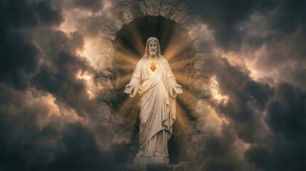 Fototapeta premium Jesus Christ with Sacred Heart statue in a stone arch. Religious sculpture with divinity concept, for spiritual inspiration and worship.