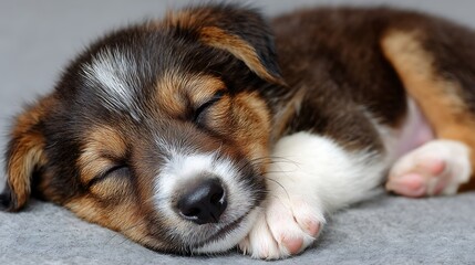 Peaceful Sleeping Puppy with Dreaming of Adventures, and Cozy and Relaxed on Soft Grey Surface.