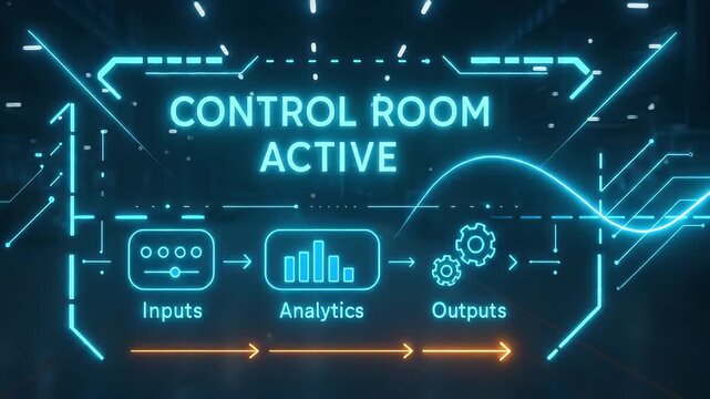 Control room active interface with glowing blue neon light digital display showing inputs analytics outputs technology in futuristic design process automation system dashboard visualization