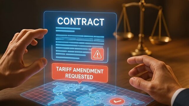 Contract tariff amendment request business legal digital hologram technology hand scale justice agreement document communication futuristic interface global map office professional concept corporate