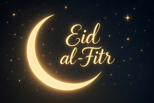 A glowing crescent moon and stars in the night sky Eid al-Fitr text