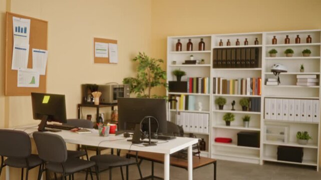 Blurred office interior with soft bokeh on shelves, desks and monitors; background backplate copyspace template.