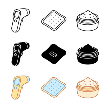 Medical and hygiene icons featuring an infrared thermometer, a square patch or bandage, and a cosmetic cream jar in three distinct visual styles.