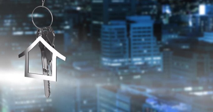 Animation of silver house key and jey fob over cityscape