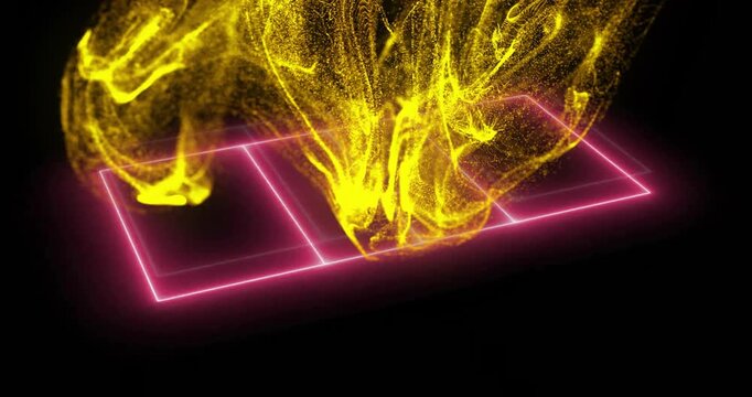 Animation of red and purple particle network over pink neon basketball court on black background