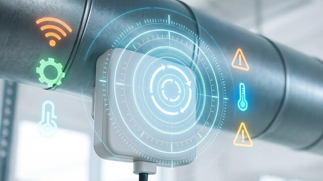 Smart home technology featuring digital interface and sensor icons on pipe system displaying temperature, connectivity, and automation controls for advanced monitoring and smart automation solutions