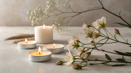 Minimalist Romance &ndash; Simple tea lights and a few elegant stems on a neutral palette.