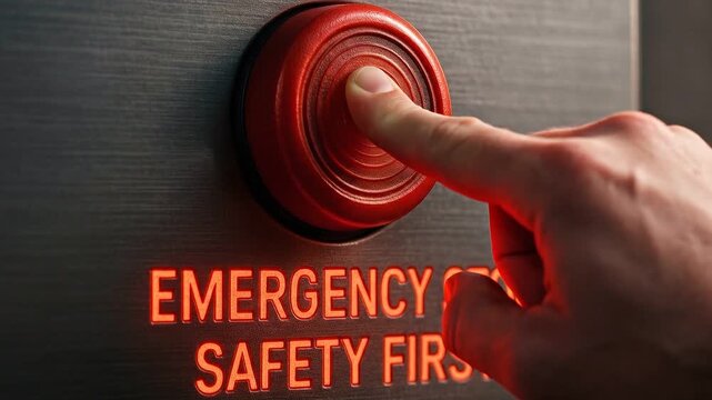 Emergency safety button press on metal panel with glowing red alarm alert symbolizing urgent hand finger activation for immediate stop and protection in industrial environment