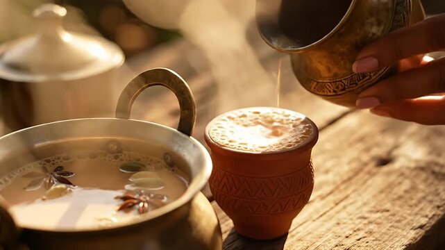 Hand pouring hot spiced chai tea into terracotta cup outdoors
