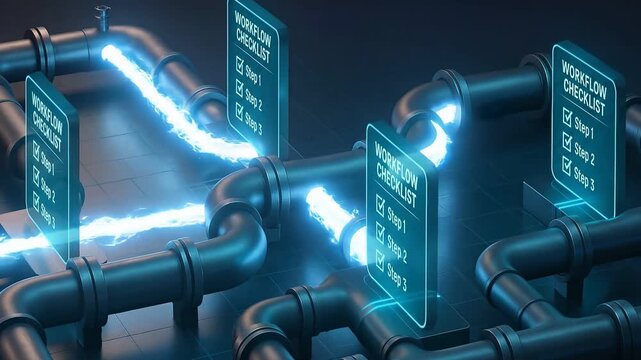 Workflow checklist step 1 step 2 step 3 glowing digital screens connected by black pipes with flowing blue energy showcasing process automation and efficient workflow management futuristic technology