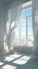 Fototapeta premium Sunlight entering bright room through open window, white curtains moving in spring breeze, fresh morning atmosphere, minimalist interior