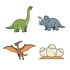 Obraz premium Prehistoric Dinosaur World Set Featuring Long Neck Brachiosaurus Triceratops Pterodactyl and Hatching Dinosaur Eggs for History and Kids Education