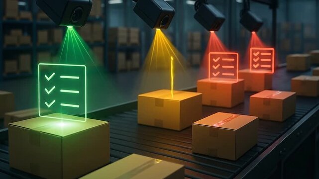 Automated package inspection with colorful holographic checklist and quality control symbols projected above cardboard boxes on conveyor belt in warehouse environment using advanced technology