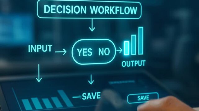 Decision workflow concept featuring input, yes/no options, output graph, and save function futuristic digital interface illustrating data processing and decision making advanced technology environment
