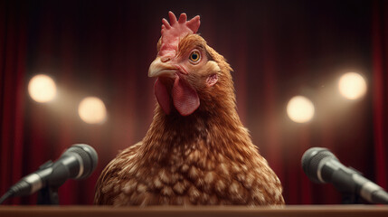 Hen speaks at a lectern with microphones in a venue