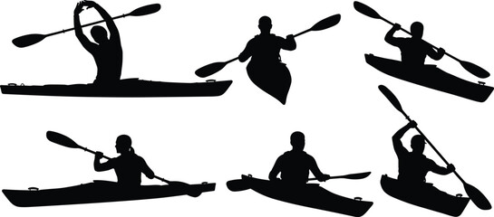 Set of kayaking black silhouettes featuring people paddling in canoes isolated on white background for water sports adventure travel and outdoor recreation designs © Md