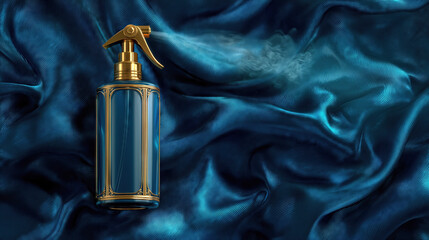 Mockup of a spray bottle releasing liquid on silk fabric