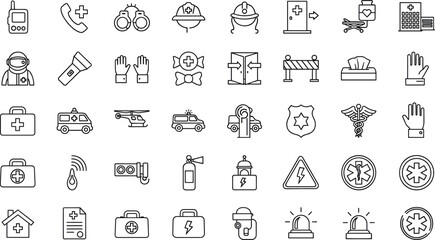 Hand Drawn Emergency and Medical Icon Set with Ambulance First Aid Hospital Symbols Doctors Equipment and Safety Outline Vector Collection