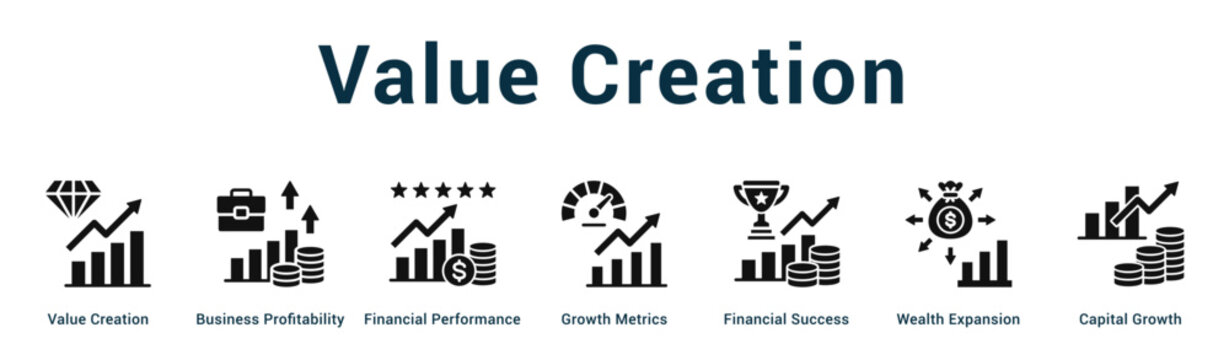 Value Creation  Modern and clean web banner illustration vector featuring thematic icons