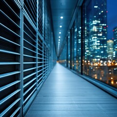 A modern corridor illuminated by city lights, featuring sleek architectural lines and a glass facade, creating a futuristic urban ambiance.