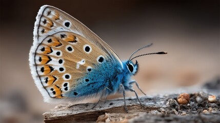 Obraz premium Detailed close up captures the delicate wing patterns and vibrant blue body of a small butterfly resting outdoors