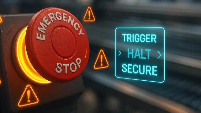 Emergency stop button glowing red and orange with warning signs, digital interface showing trigger, halt, and secure commands symbolizing safety, alert, control, and emergency measures industrial
