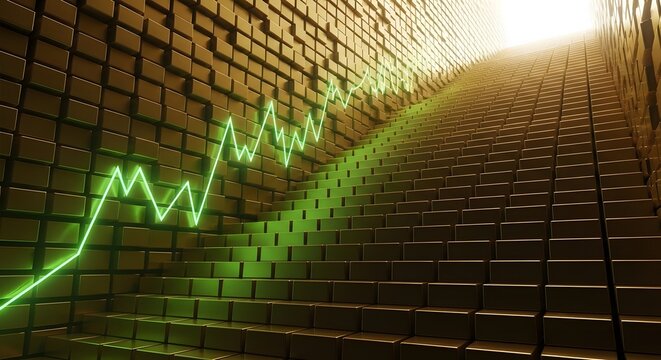 Wide-angle shot of a staircase made entirely of gold bars leading upward. Alongside the stairs, a green laser line traces a price graph that never stops climbing
