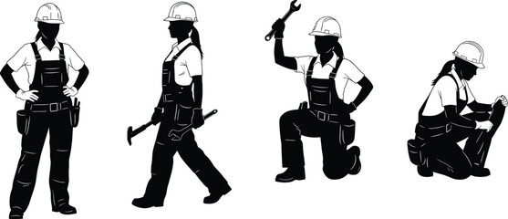 Female construction worker silhouette set showing multiple working poses isolated on gray background for labor, industry, safety, illustration, and graphic design use