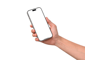 Hand holding smartphone mockup with blank white screen isolated on white background. Mobile phone with empty display for copy space.