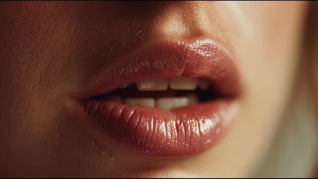 Close-up of a womans glossy lips, sensually moving and slightly parting.