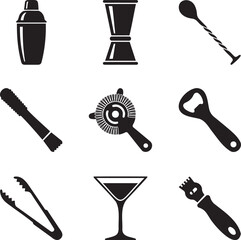 Professional Bar Tools and Cocktail Equipment Icon Set Vector with Shaker, Jigger and Strainer