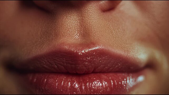 Close-up of a womans glossy red lips, slightly parted, showing a sensual and alluring expression.