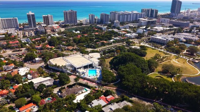 Miami Beach aerial drone stock video 2026. Aerial view of Bayshore parks and schools