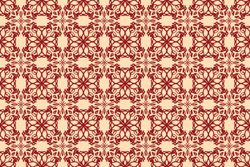 Vintage floral damask seamless pattern featuring red flowers and ornamental swirls for vector textile wallpaper design and antique fabric decoration