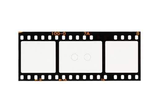 Aged 35mm film negative, blank frame, two circular punch holes, black borders, sprocket holes, crisp orange '100-0', '7A', '8' numbering, isolated on transparent background, extreme macro studio shot
